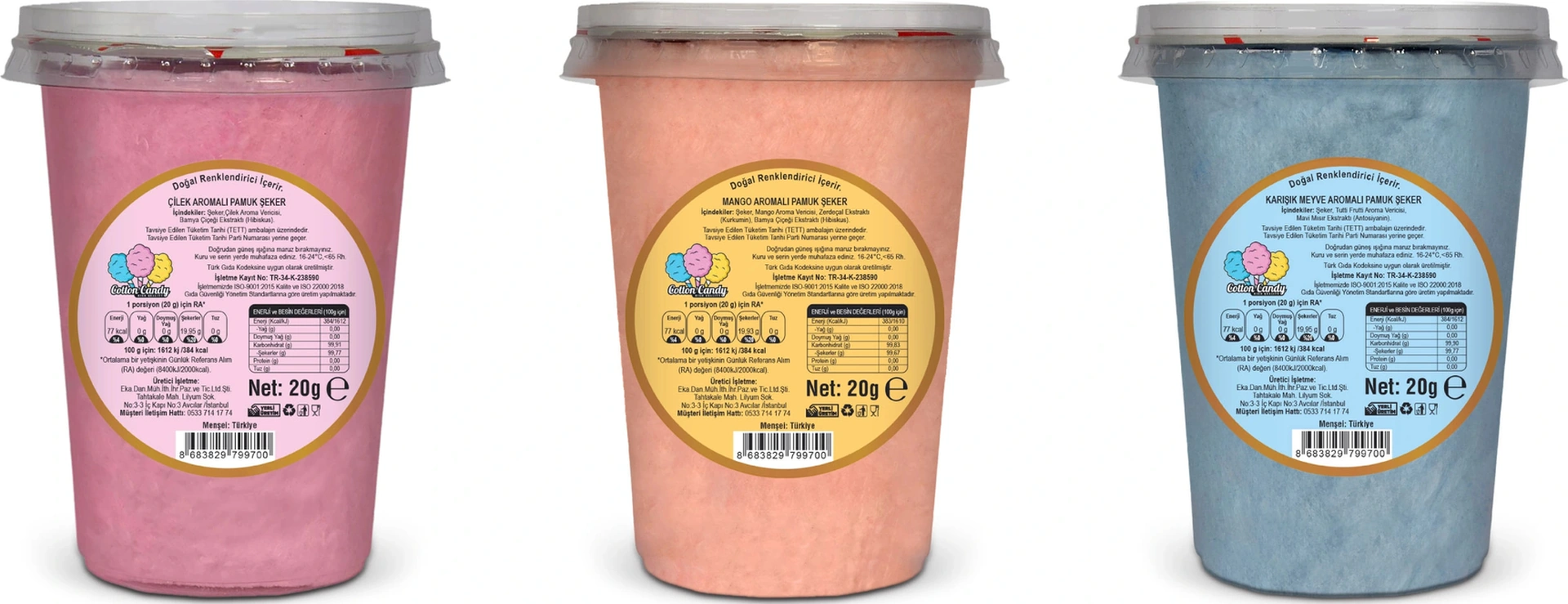 Çilek, Mango, Tutti Frutti Aromalı 3'lü Gurme Pamuk Şekerler