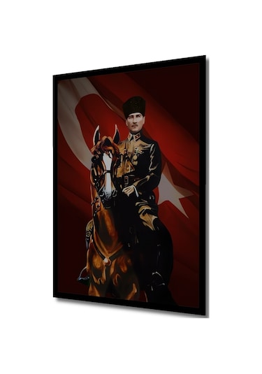 Mustafa Kemal Atatürk At Üzerinde Yağlı Boya Görünümlü Ahşap Dekoratif Tablo Uynkfrk63453