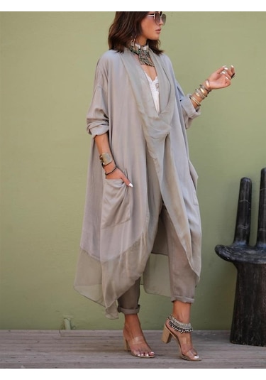 Italyan Ipek Detaylı Oversize Kaftan & Bluz-8711 Vizon
