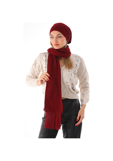 Kadın Ipli Bere Bordo Selanik Örgü Atkı Takım Bordo