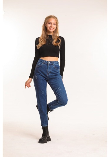 2006 Kadın Likrasız Mom Jeans Kot Denim Pantolon Kar Yıkama