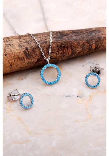 Sümer Telkari Turkuaz Tamtur Taşlı Rodyumlu Gümüş Küpe Kolye Seti 2605