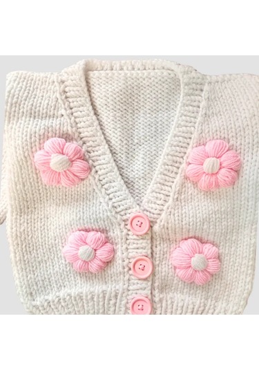 Uretti - Gülnur 2184 - El Örgüsü Pembe Çiçekli Kız Çocuk Hırka 4 Yaş - Beyaz Beyaz