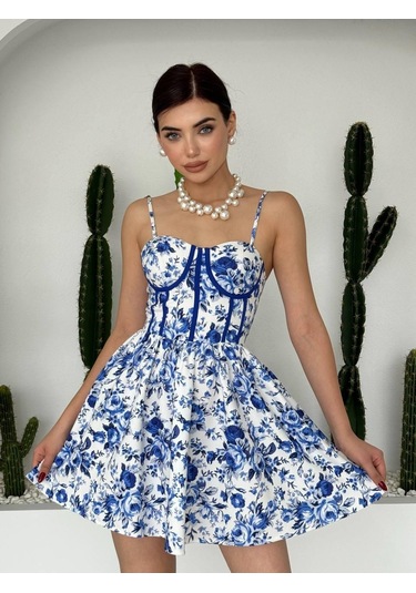 Hanks İp Askılı Elbise Mavi - Beyaz