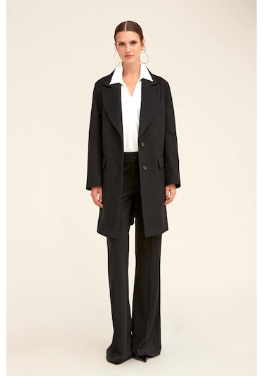 Hatemoğlu Saykı Woman Siyah Regular Fit Ceket Yaka Kaşe Oversize Manto 2956632 Siyah