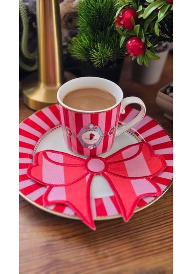 Agbtrend Pembe Kırmızı Çizgili Fiyonk Nakış Sunum Ve Kokteyl Peçetesi Çok Renkli