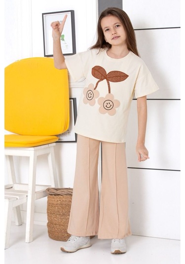 Çiçek Nakışlı İspanyol Paça Mevsimlik Takım Bej