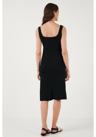 Lela Streç Slim Fit Kare Yaka Kalın Askılı Midi Boy Bayan Elbise 5866102 Siyah