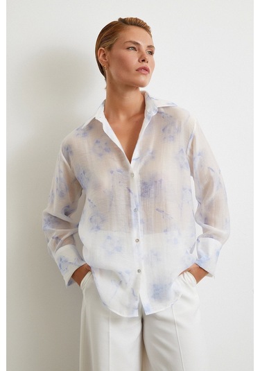 Organze Desenli Tül Gömlek Mavi Mavi