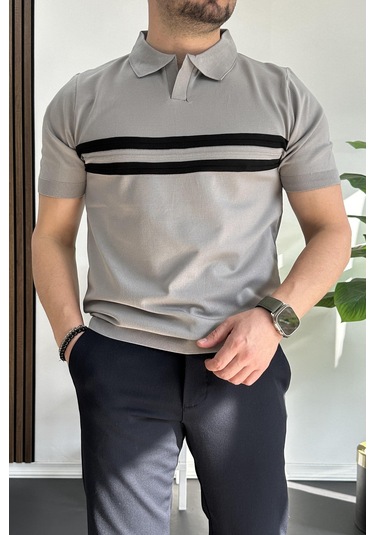 Erkek Açık Yaka Çizgli Tişört Gri Edw236 Gri