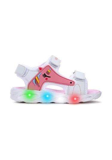 Kiko Kids Unicorn Günlük Işıklı Cırtlı Kız Çocuk Sandalet Ayakkabı Beyaz - Pudra Beyaz - Pudra