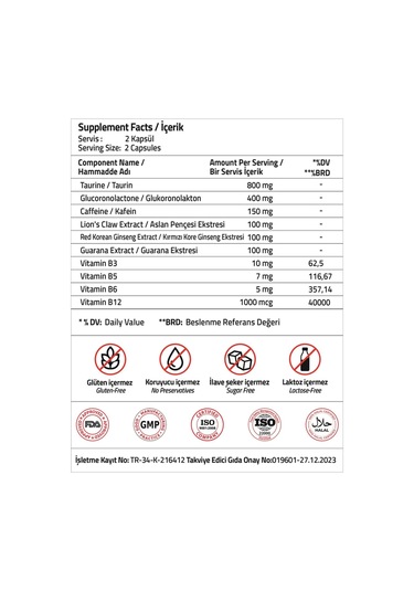 Validus Taurine Glucoronolactone Lion's Claw Extract Guarana Extract 60 Kapsül