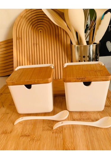 Morponi 2'li Bambu Standlı Bambu Kapaklı Porselen Kaşıklı Tuzluk Biberlik 260 Ml Gnl Ahşap