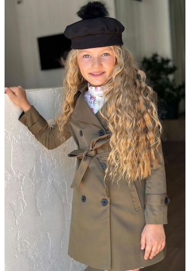 Riccotarz Kız Çocuk Üzeri Dantel İşlemeli Elbise Çift Cep Detaylı Kemerli Yeşil Trençkot Yeşil