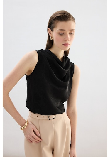 Sateen Degaje Yaka Bluz - Siyah-136752 Siyah