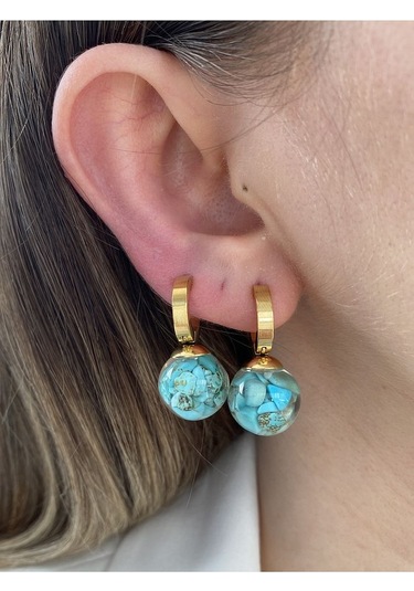 Mavi Taşlı Yuvarlak Sallantılı Çelik Kararmaz Gold Kaplama Küpe Ç