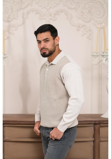 Woolen World Polo Yaka Armürlü Yünlü Erkek Triko Kazak Krem