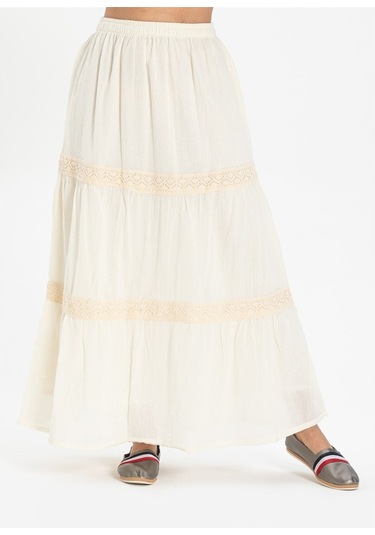 Uzun Şile Bezi Dantelli Etek Krem Krm