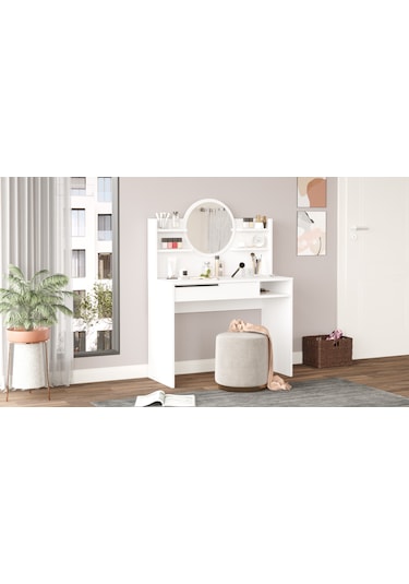 Robin Home Paris Makyaj Masası Aynalı Raflı Çekmeceli Beyaz