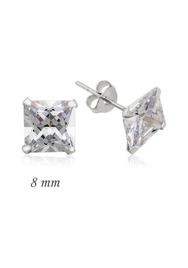Gumush Gümüş Kare Tek Taş Zirkon Küpe - 8 Mm