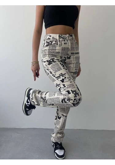 Novıne Gazete Desenli Pantolon Desenli