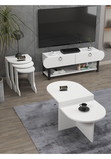 Tv Sehpası Ünitesi Tekli Orta Sehpa 3'lü Zigon Sehpa Set Üç Ürün Beyaz Beyaz