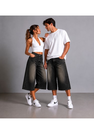 St.poll Kahve Yıkma Unisex Baggy Şortolon Siyah