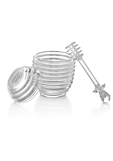 Rotanev Kovan Şekilli Kaşıklı 3 Parça Kristal Bal Kavanozu Mika Kavanoz Bal ve Reçel Kavanoz Kahvaltılık