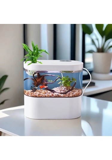 Xuweiwei Led Işıklı Dahili Su Pompası Mini Masaüstü Akvaryum Camgöbeği Beyaz Pembe Siyah Turkuaz Reçine Balık Tankı Ev Dekoru