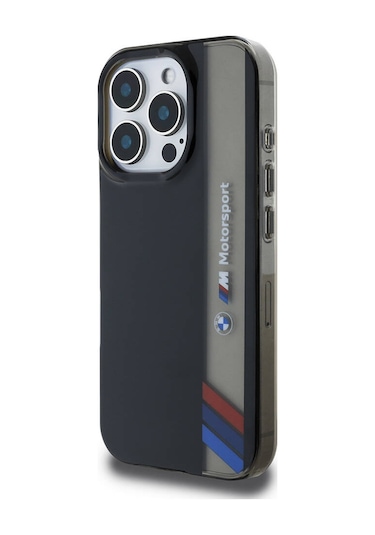 İphone 16 Pro Uyumlu Kılıf Bmw Lisanslı M Logolu Üç Renk Çizgili Motorsport Vertical Stripe Siyah