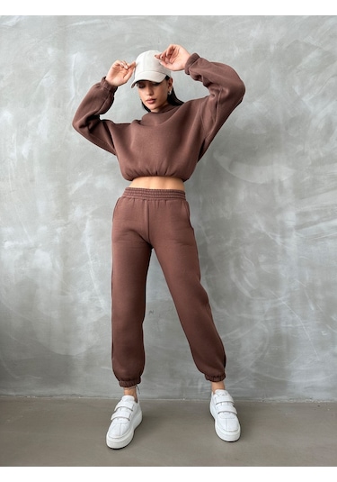 Kadın Pamuklu İçi Polarlı Basic Eşofman Takımı Kahverengi