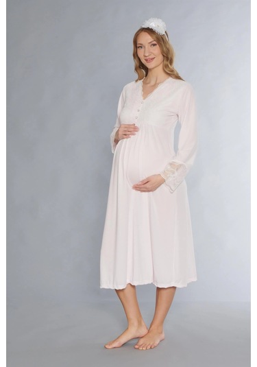 Lohusa Hamile Gecelik Uzun Kol Dantel Detaylı Emzirme Ve Hastane Çıkışı Flz 23-46