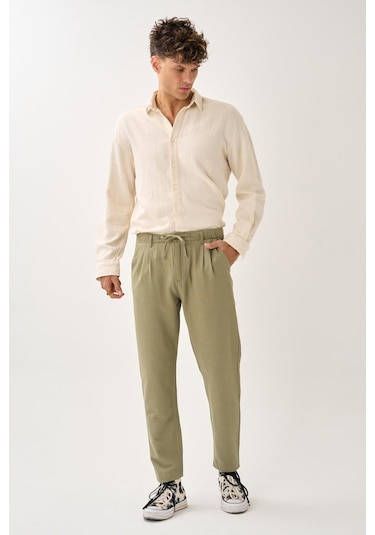 Alexandergardi Regular Fit Beli Lastikli Keten Pantolon haki