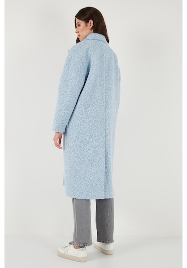 Lela Oversize Fit Mono Yaka Düğmeli Buklet Uzun Kaşe Bayan Kaban 6810236 Bebe Mavi