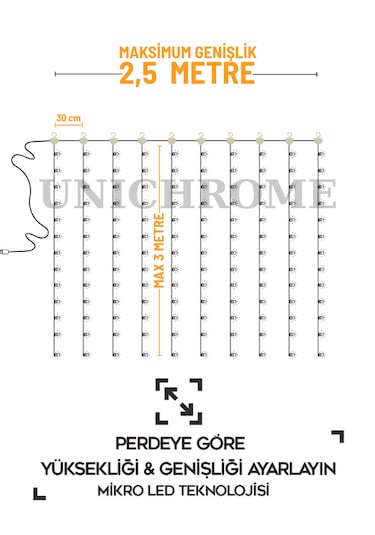 Kumandalı 8 Ayrı Moda Sahip 3x3m 300x300cm Perde Led 10 Saçaklı Sarkıtlı 300 Led Gün Işığı Kalp Askı Sarı