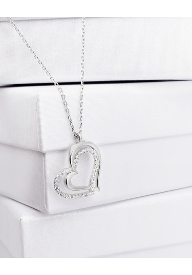 Brezza Lusso Jewelry Diamond Model Special Çift Kalp Kadın Gümüş Kolye 45 CM 45 CM
