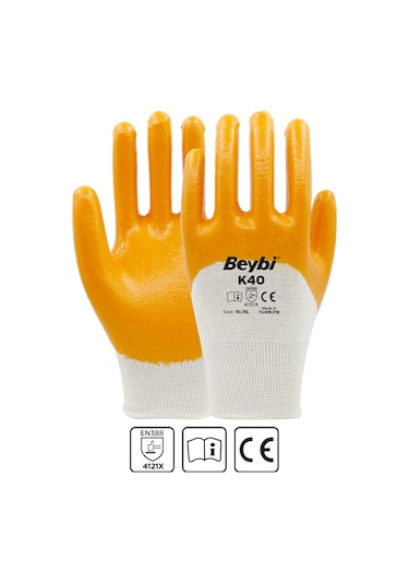 K40 Nitril Kaplı Pamuk Ve Polyester Örgü Eldiven 9 Beden 12 Çift