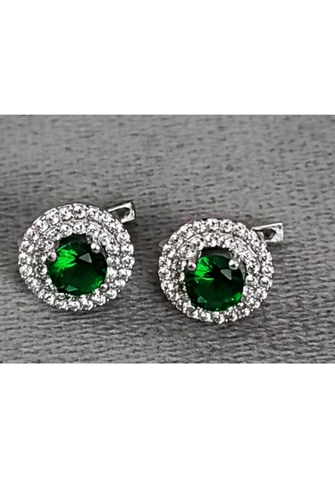 Lilahgümüştr Gümüş Yeşil Taşlı Yuvarlak Kadın Kolye Küpe