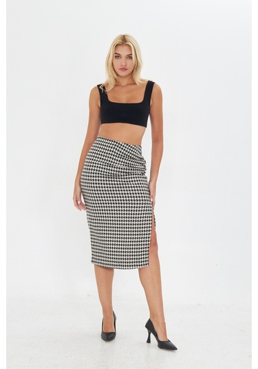 Siyah Kazayağı Desenli Yırtmaçlı Midi Boy Etek Ekru