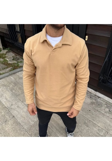 Erkek Fitilli Polar Sweatshirt Düğmesiz Polo Yaka, Oversize Rahat Kalıp, Kalın Polar Kumaş, Kışlık Bej