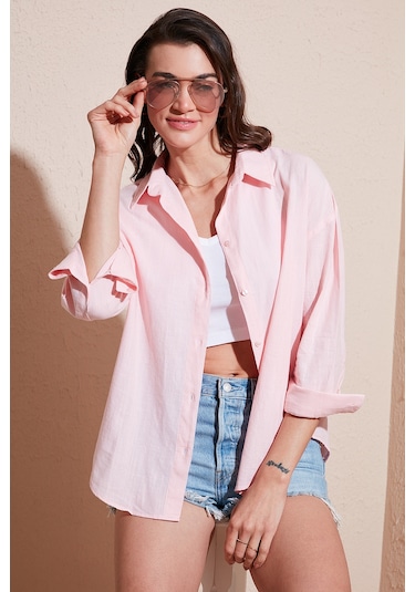 Lela Pamuklu Regular Fit Uzun Kollu Düz Bayan Gömlek Cf25S168305 Açık Pembe