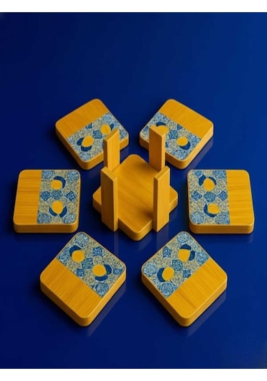 Tantitoni Bambu 6 Parça Standlı Desenli Bardak Altlığı Seti 11.5x11x5 Cm Ahşap