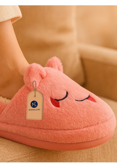 Kadın Pembe Peluş Panduf Ev Terliği Kışlık Sıcak Tutucu, Kaymaz Taban, Sevimli Tasarım Pembe