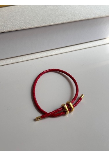 Kırmızı Deri Görünümlü Çift Dolamalı Çelik Detaylı Bileklik Unisex Tasarım Kırmızı