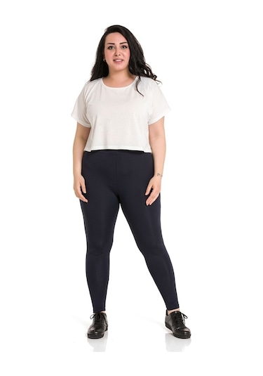 Büyük Beden Beli Lastikli Bilek Hizasında Lacivert Bayan Tayt