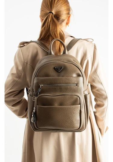 Vegan Deri Kadın Sırt Çantası 35 25 Cm Yağmur İtici Kumaş Mega Bag Günlük Kullanıma Uygun Vizon