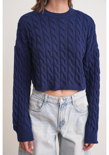 6863 Kadın Saç Örgülü Crop Triko Kazak Lacivert Lacivert