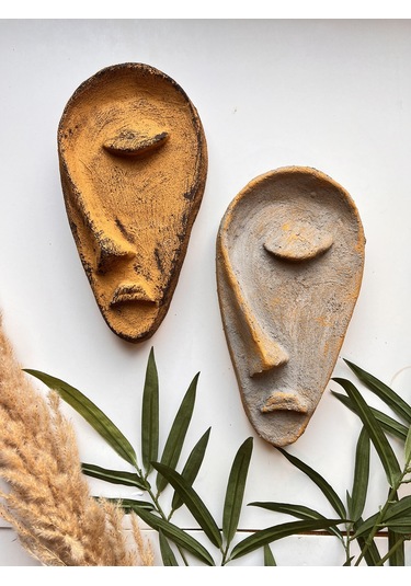 Özel Tasarım El Yapımı Taş Heykel Soyut Yarım Yüz Maske 2'li Set, Duvar Dekor, Modern Ev Ve Ofis Dek