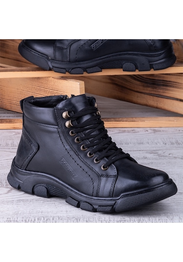 Ghattix Lass Kışlık Hakiki Deri Erkek Bot Fermuarlı Siyah Siyah