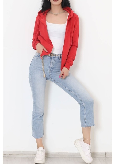 Bensu Store - Kapşonlu Fermuarlı Sweat Kırmızı - 11866.108. 001